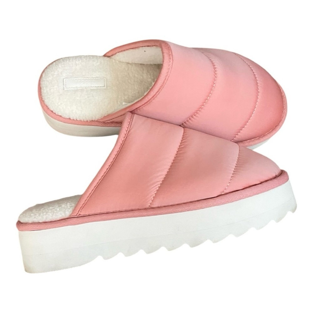 Anthropologie Maeve Puffy Platform Slippers Sz M 8-9 pink mules faux fur casual